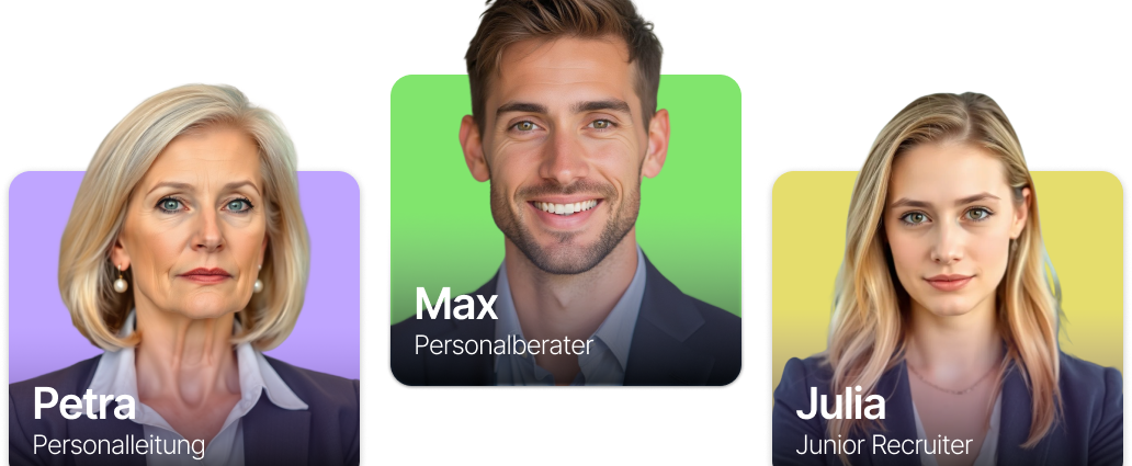 Drei KI-Jobtrainer-Avatare von Jobklar: Petra, Max und Julia